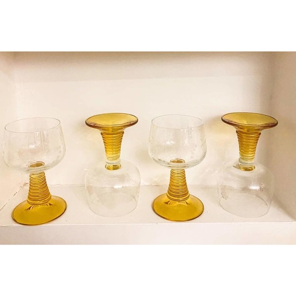 Four Vintage Amber Stem Etched Glass Roemer Wine Glasses - Picture 2 of 4